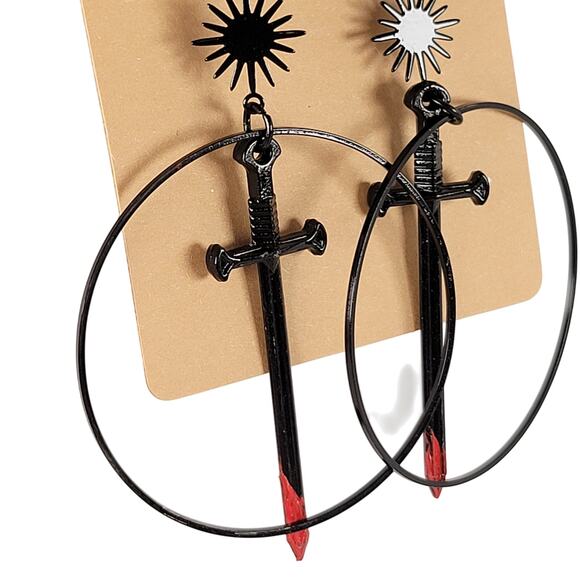 Gothic Sword Hoop Earrings Black Red Blade Sunburst Dangle Cosplay Jewelry 3" - Picture 6 of 9